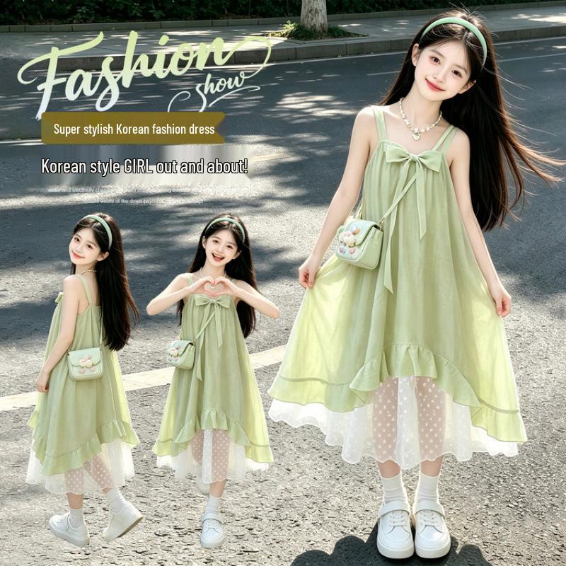 Vestito estivo da bambina stile coreano 2026: Abito Lungo Fresco con Spalline Sottili e Fiocco di Fata