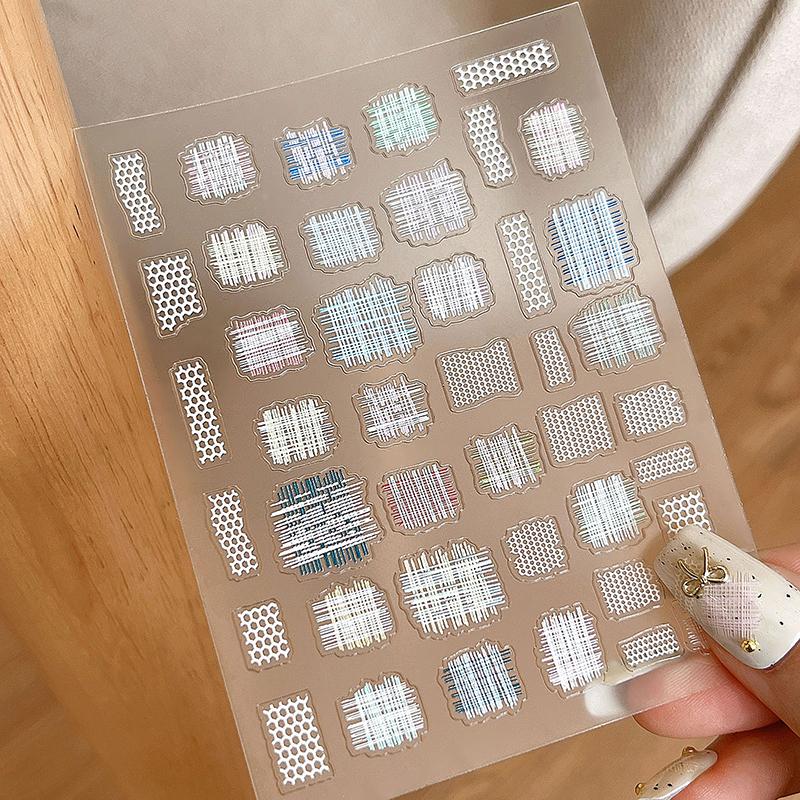 

Ткань кружевная клетчатая в винтажном стиле 3D самоклеящиеся наклейки для нейл-арта Тисненая наклейка для украшения ногтей Маникюрная наклейка синий