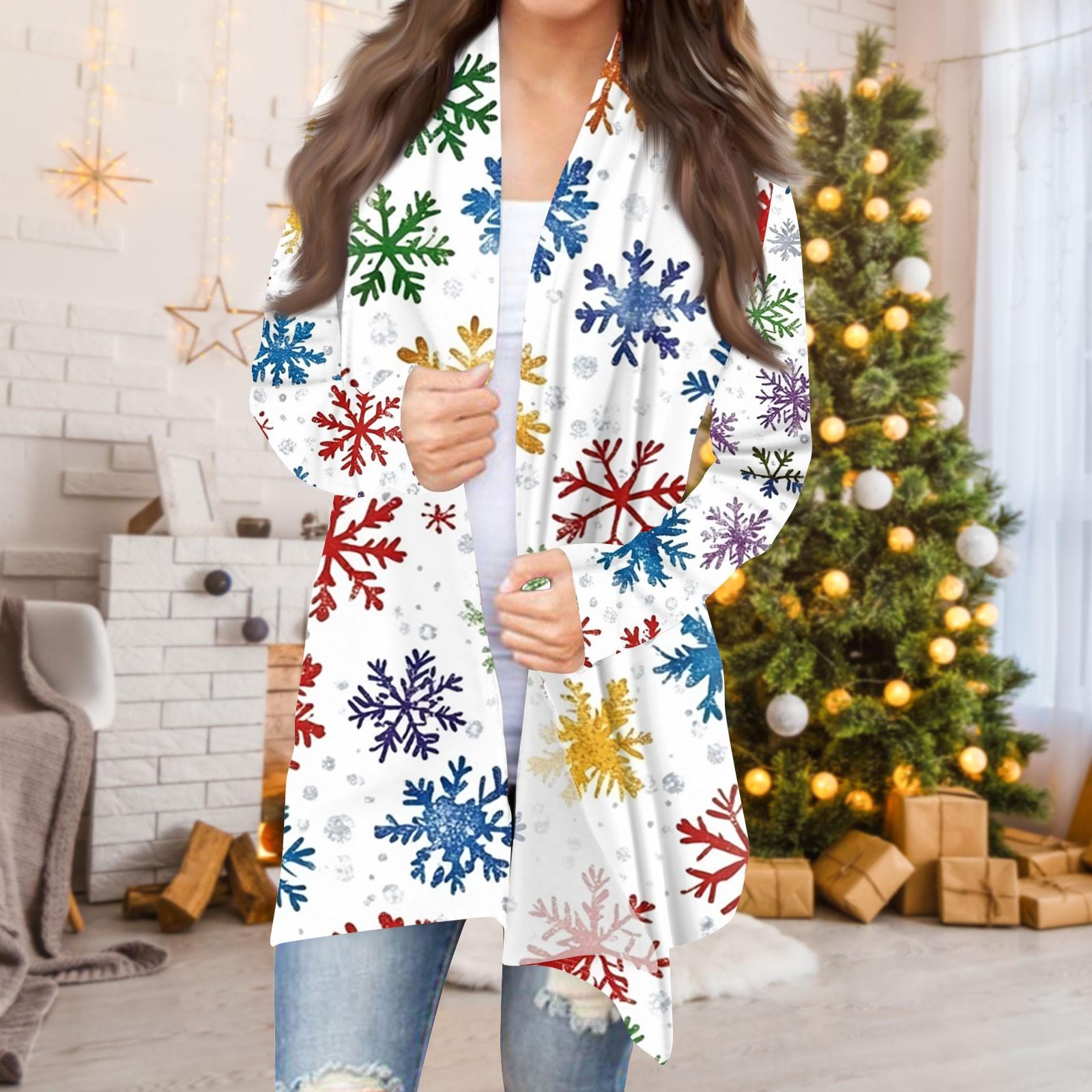 Женская мода повседневная рождественская печать средней длины кардиган куртка пальто — фото 7