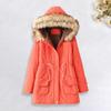 Winter Women Cotton Coat Drawstring Waist Slim Fit Waist Faux Fur Hood Fleece-lined Zip-up Press Button Closure Jacket Windproof Mid Length Outerwear