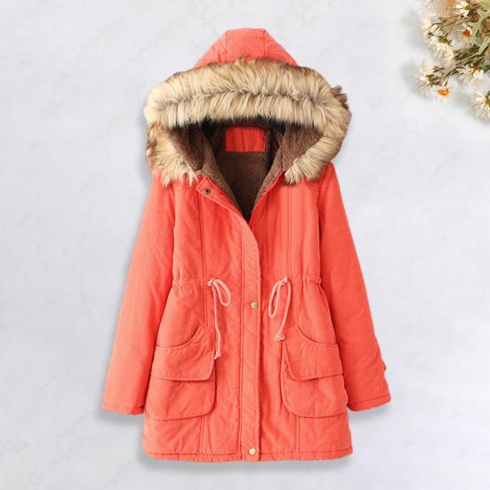 Winter Women Cotton Coat Drawstring Waist Slim Fit Waist Faux Fur Hood Fleece-lined Zip-up Press Button Closure Jacket Windproof Mid Length Outerwear