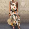 Abito Lungo Lento da Donna Vintage Senza Maniche Scollo O Stampa Floreale Foglie Cotone Lino