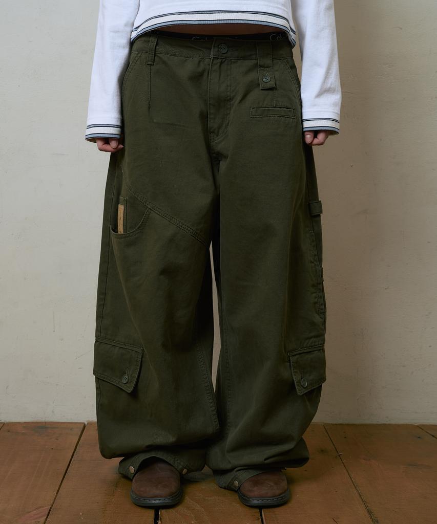 Lujeoseukeulleob Multi Cargo Pocket Wide Cotton Pants Khaki