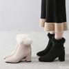 Kleine Größe Winter Neuer Stil Quadratische Zehenpartie mit Plüschfell Dicker Absatz Kurze Schaft Damenstiefel Plüsch Mode Damen Designer Stiefel