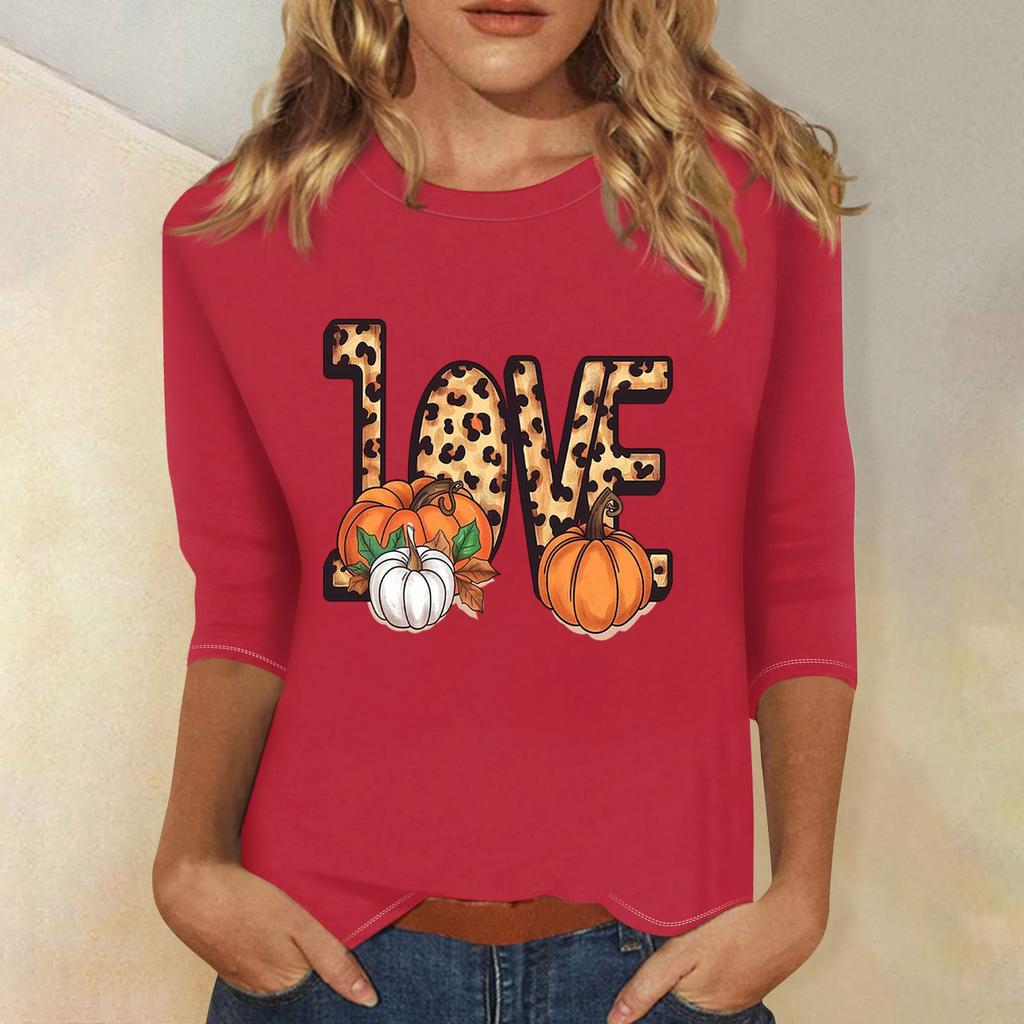 Dámské módní ležérní top s tříčtvrtečním rukávem a halloweenským potiskem, kulatý výstřih