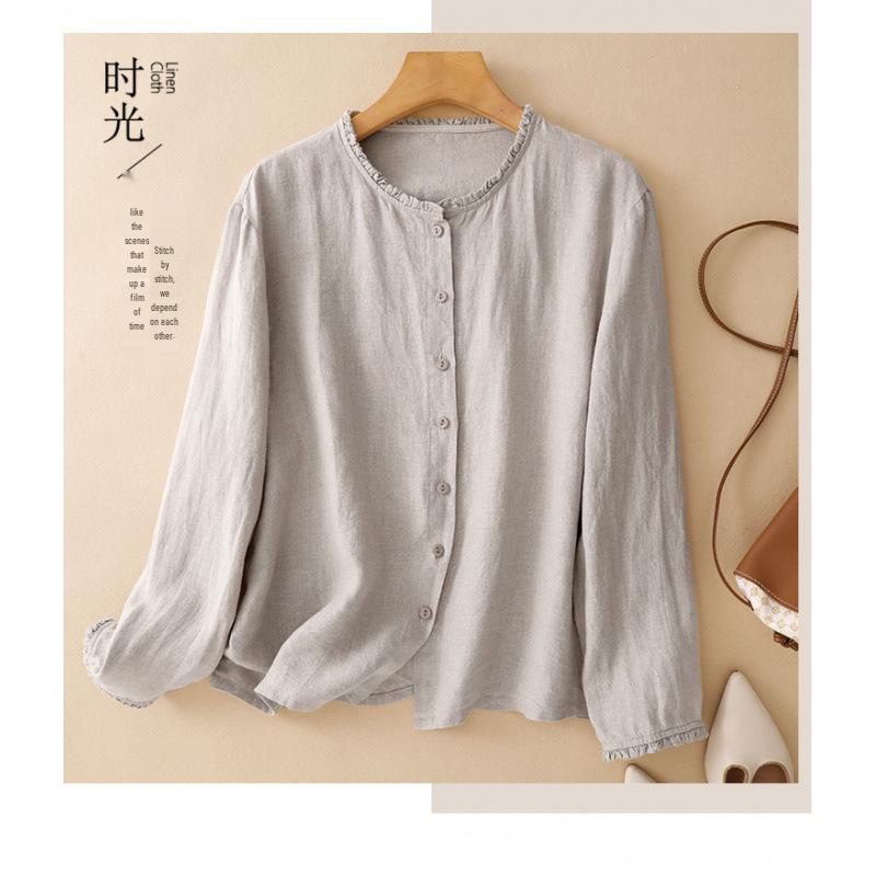 2025 Autumn Cotton Linen Ruffled Retro Long Sleeve Top XL