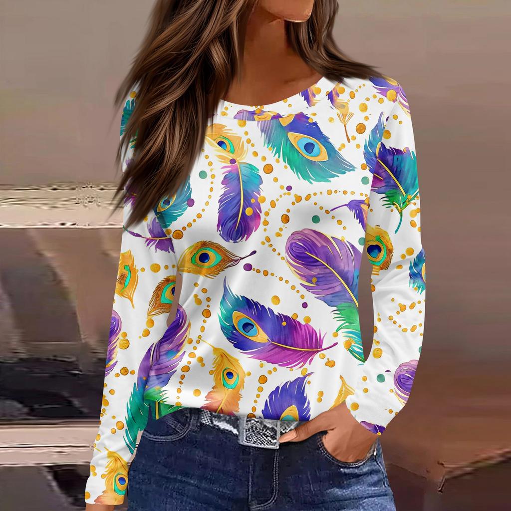 Damenmode Lässig Schlitzsaum Rundhals Langarm Locker Bedrucktes T-Shirt Top