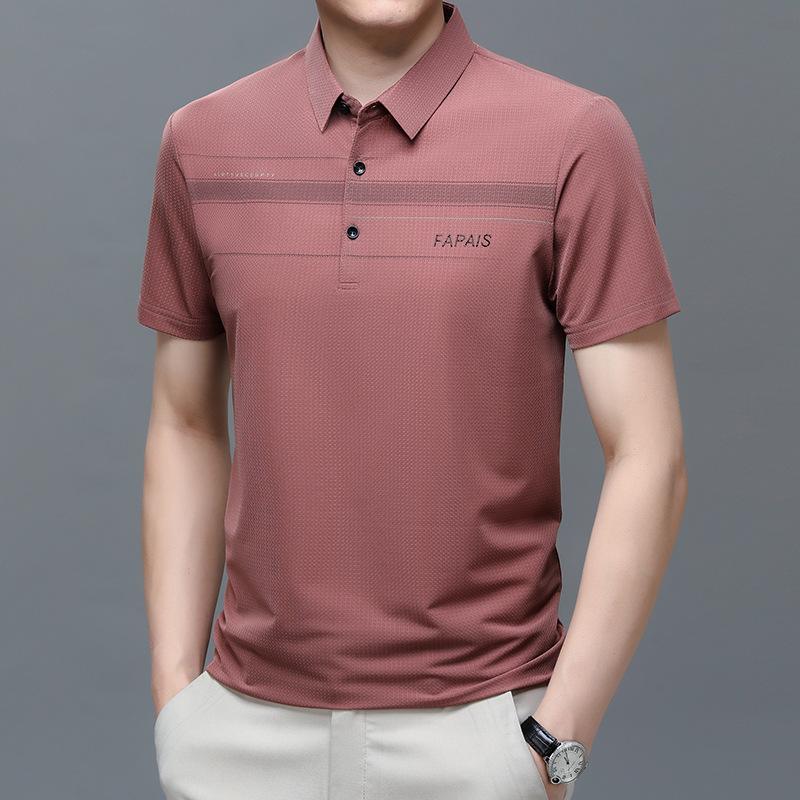 

Футболка Ice Silk с лацканами, мужская деловая повседневная, мужская одежда, рубашка-поло с коротким рукавом для папы 4XL