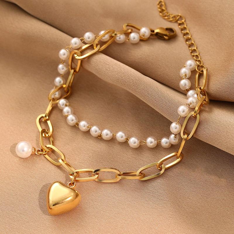 Stainless Steel Heart Pearls Charm Bracelet for Women Fashion Girls Elegant Bangle Wrist Zircon Party Birthday Gift Bijoux
