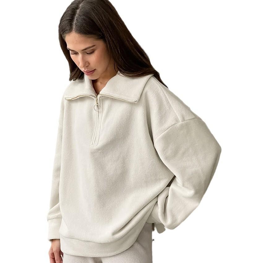 Girls' Warm Sweatshirt, Lambswool, Fashionable And Versatile Sports Sweatshirt, Autumn And Winter New Niche Solid Color Zipper Collar Top