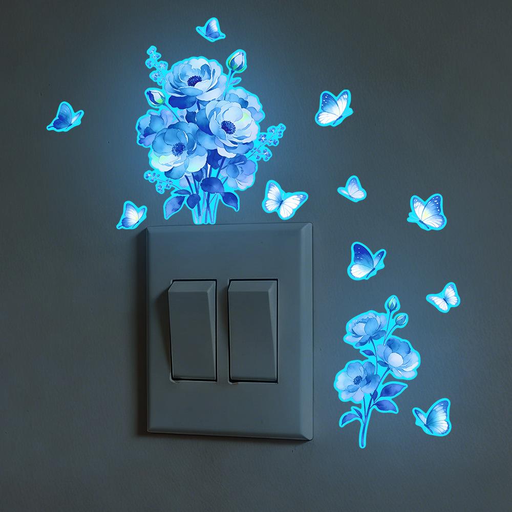Nightlight Fresh Blue Flower and Blue Butterfly Living Room Home Wall Switch Stickers