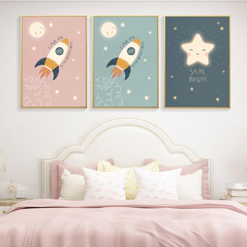 Rocket Stars Moon Kreslené plakáty Reprodukce Nursery Wall Art Malba na plátně Nordic Baby Dětská ložnice Obraz Dětský pokoj Dekor