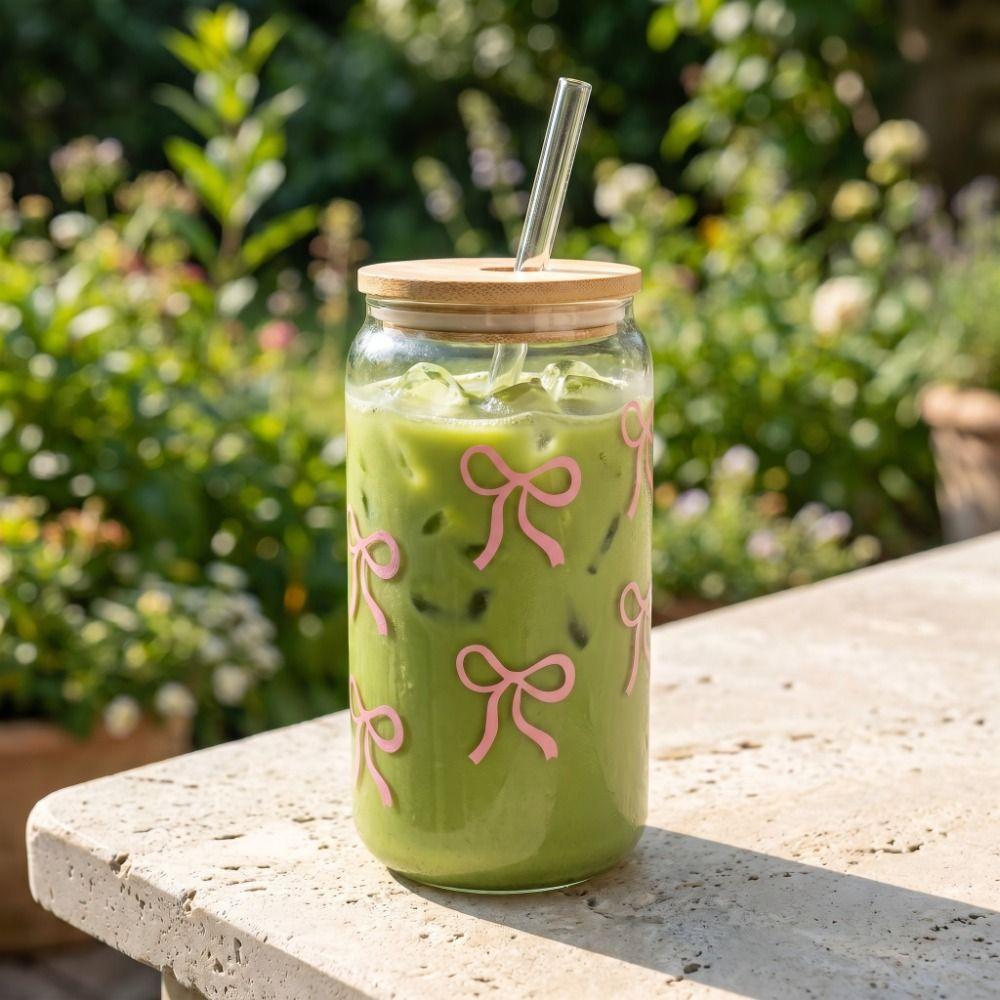 Large Capacity Bow Cup With Lids Milk Tea Cup Cute Clear Straw Cup Student