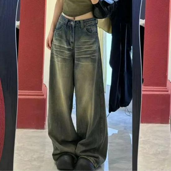 Women's Vintage High Waist Wide Leg Blue Denim Jeans - Retro Wash, Loose Floor-Length Style