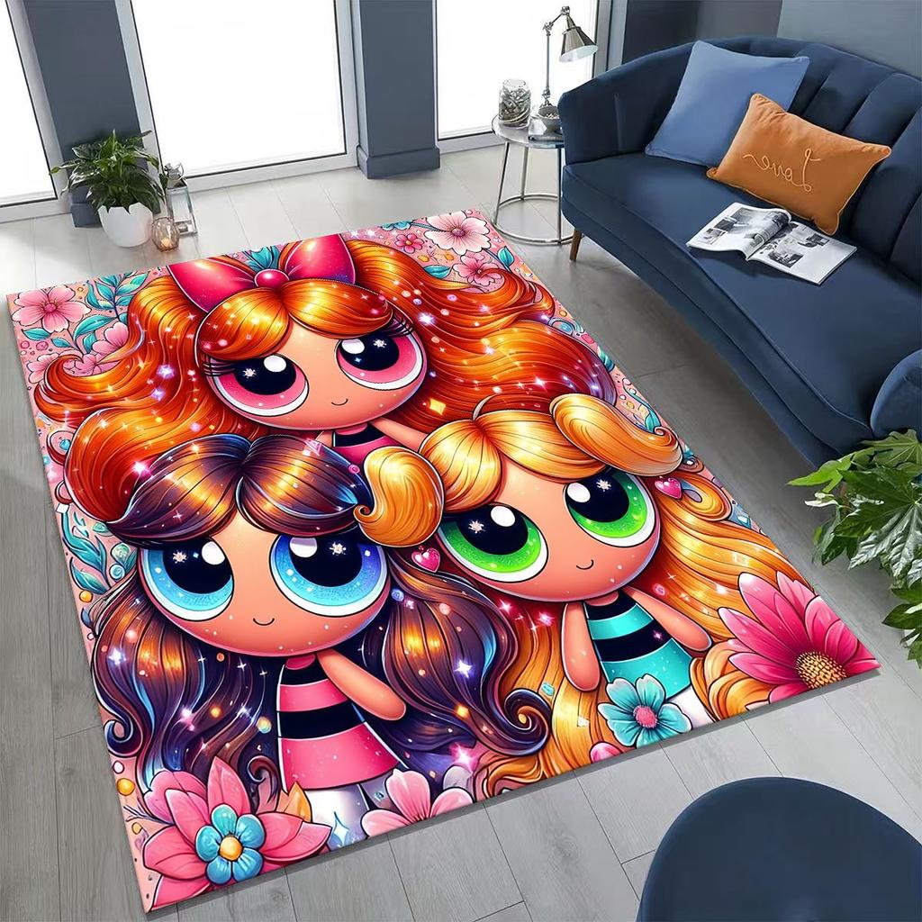 Cartoon P-Powerpuff Girl Cute Art Carpet Rug for Bedroom Living Room Sofa Home Doormat Decor,Large Kid Non-slip Floor Mat