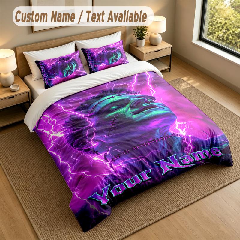 3Pcs Bedding Set Custom Name Text, 1 Sheet 2 Pillowcases Home Bed DecorFrankenstein's Monster