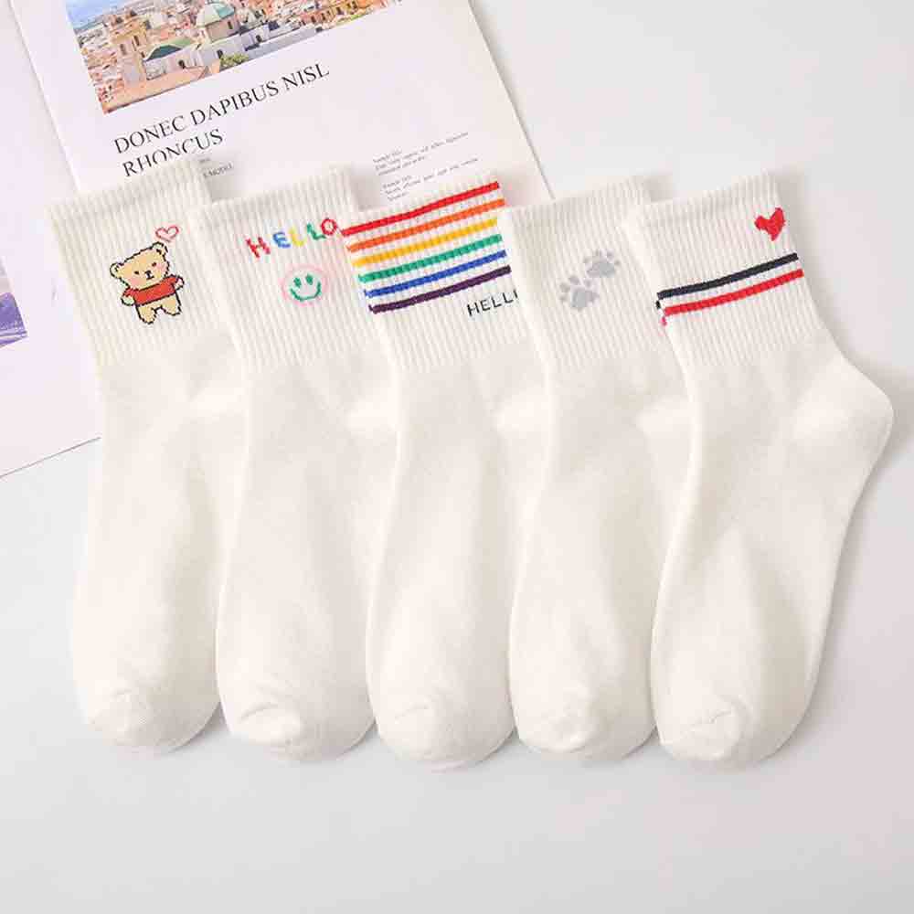 5 Pairs Women White Socks Cartoon Rainbow Cotton Crew Socks Y2K Harajuku Japanese Style Cute Kawaii Sport Socks For Women Casual