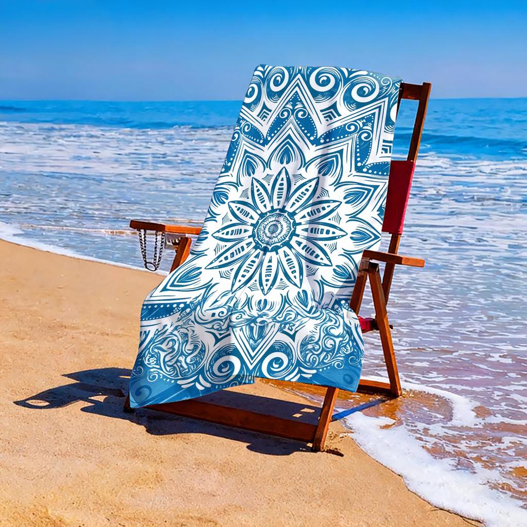 1 Piece Intricate Blue Mandala Beach Towel-Super Soft Quick-Dry Microfiber, Vibrant Geometric Floral Pattern for Travel, Yoga