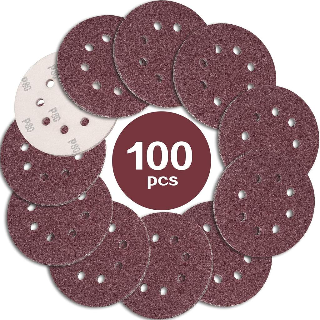 100PCS 125mm Sanding Discs, 5 Inch 8 Hole Hook and Loop Sanding Pads for Random Orbital Sander(40 to 2000Grits)