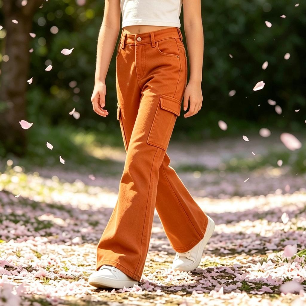 Girls Bell Bottom Pants Flared Leg Casual Color with Pockets for Big Kids