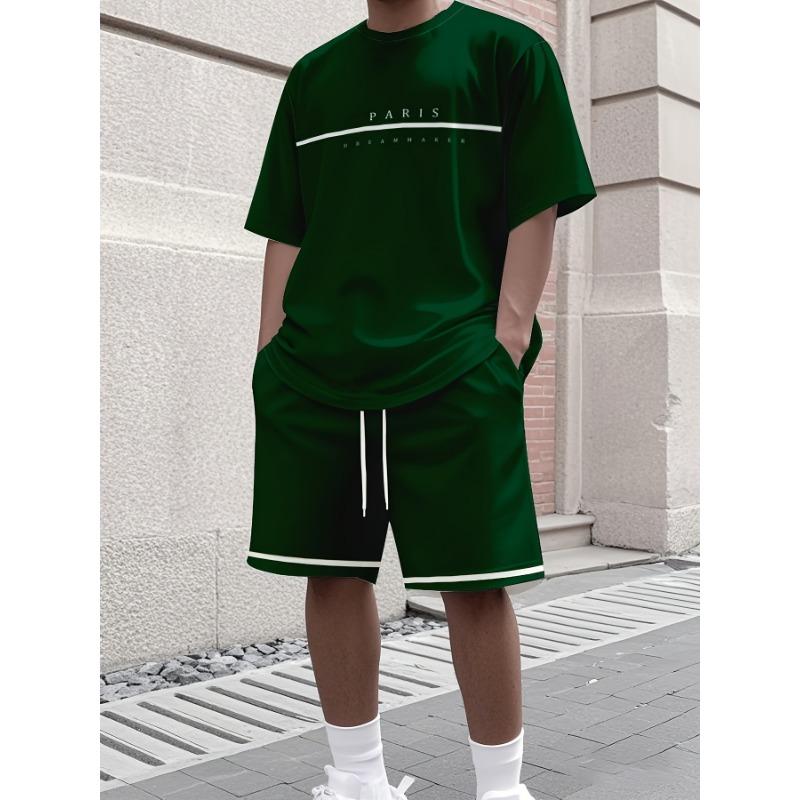 Sommer Einfarbiges T-Shirt und Shorts Set Buchstabendruck Kurzarm-Oberteil mit Kordelzug-Shorts Streetwear Herrenmode Sportbekleidung
