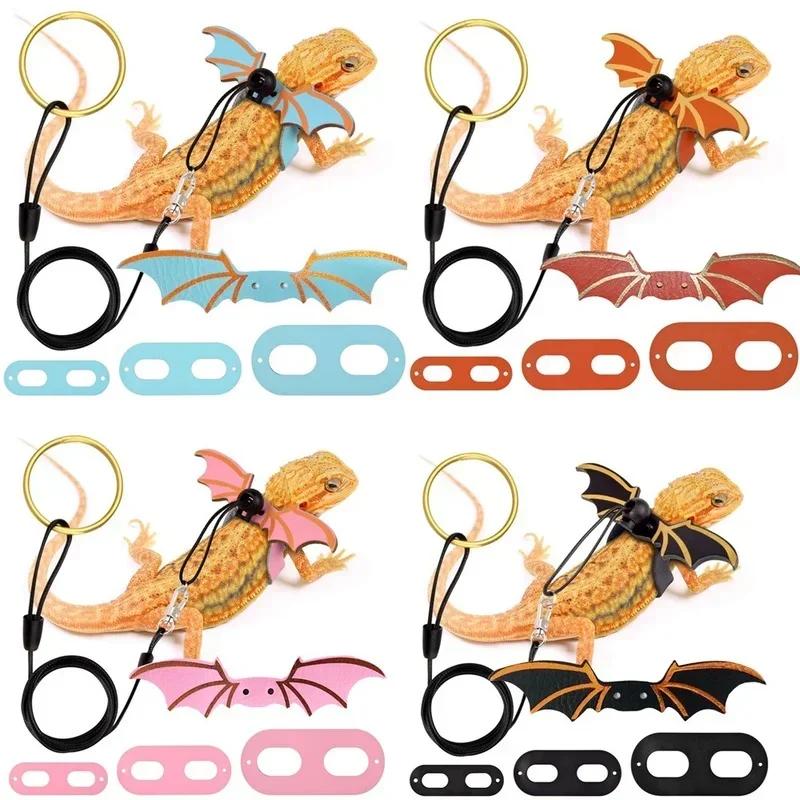 2024 New 3 Pcs Adjustable Bearded Dragon Leash With Bat Wings Soft Leather Lizard Harness For Amphibians And Other Small Reptile