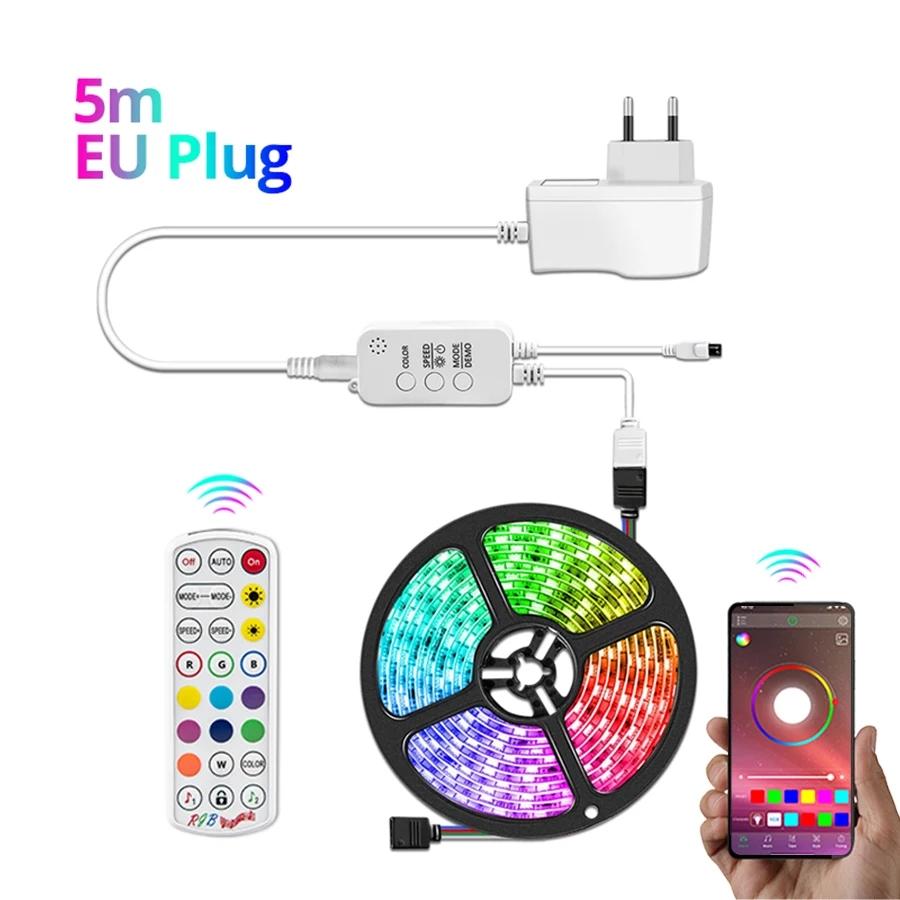 

RGB светодиодная лента 12V 5050 с синхронизацией музыки, пульт дистанционного управления, гибкая RGB светодиодная лента 5м 10м 15м для комнаты, стены, окружающая подсветка 10M set EU Plug