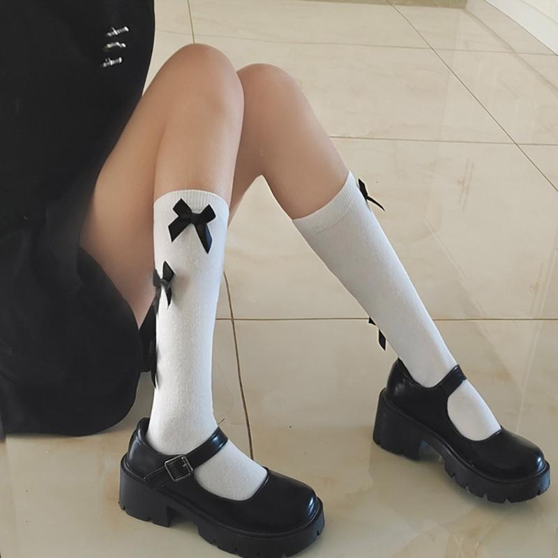 1 Pair Women Ruffle Socks Girl Lace Topped Calf Socks Frilly Socks with Bowties Cotton Socks Princess Style Dress Socks