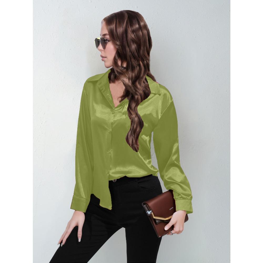 GMXIA Sateng Silkelignende Langermet Ensfarget Skjorte for Kvinner, Elegant Knappedetalj foran med Krage