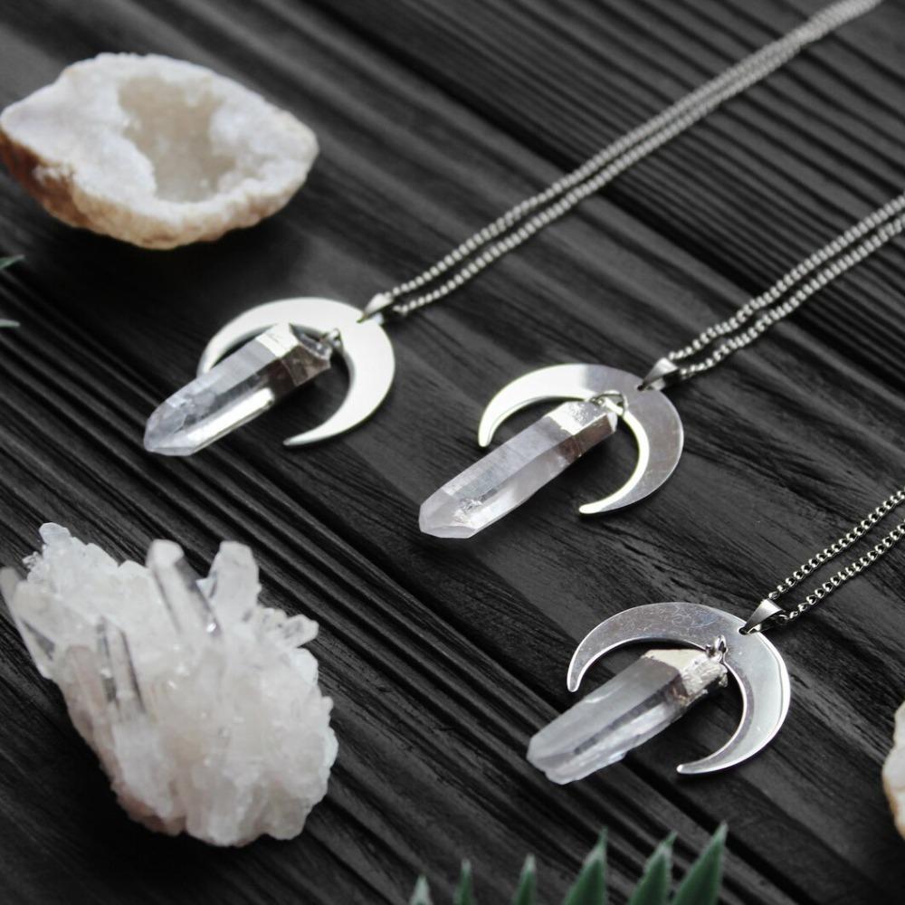 Personality Silver Color Crescent Transparent Crystal Column Pendant Necklaces for Woman Men Collarbone Chain Sorceress Jewelry