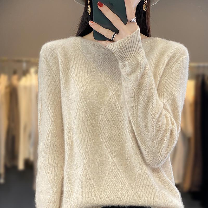 Maglione da donna in lana Autunno/Inverno - Pullover a girocollo lavorazione jacquard a rombi