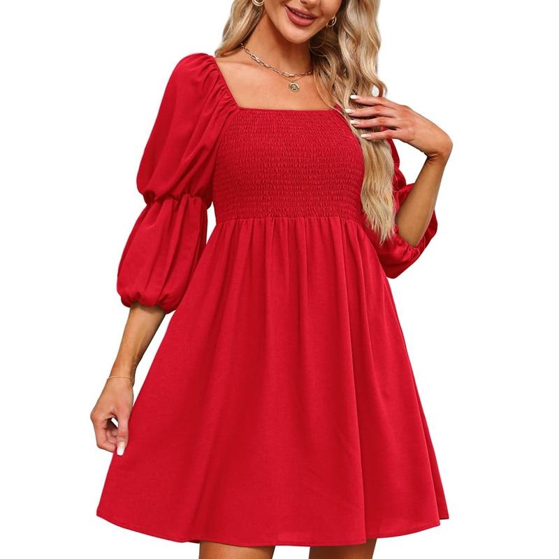 

Милое эластичное платье с квадратным вырезом и высокой талией, повседневное плиссированное платье с пышными рукавами и половиной рукавов, женское летнее платье с цветочным принтом, Vestidos 25627 XXL красный