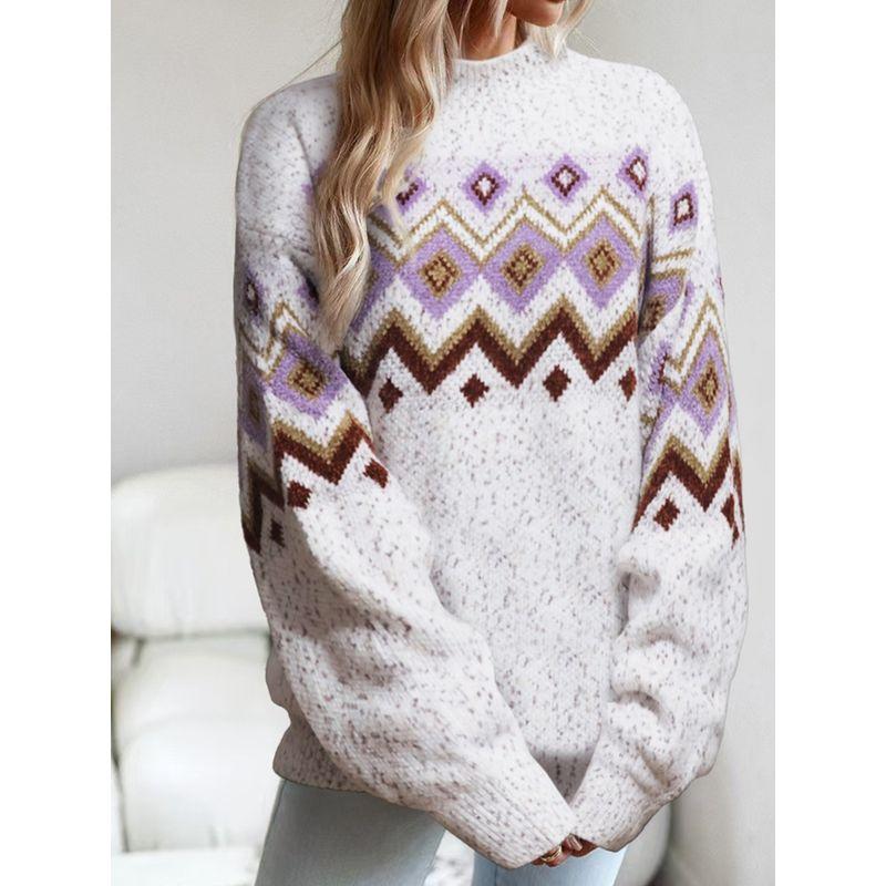 Cross-Border European and American Autumn and Winter New Fashion Half High Collar Geometric Pattern Loose Long Sleeves Snowflake Sweater Sweater