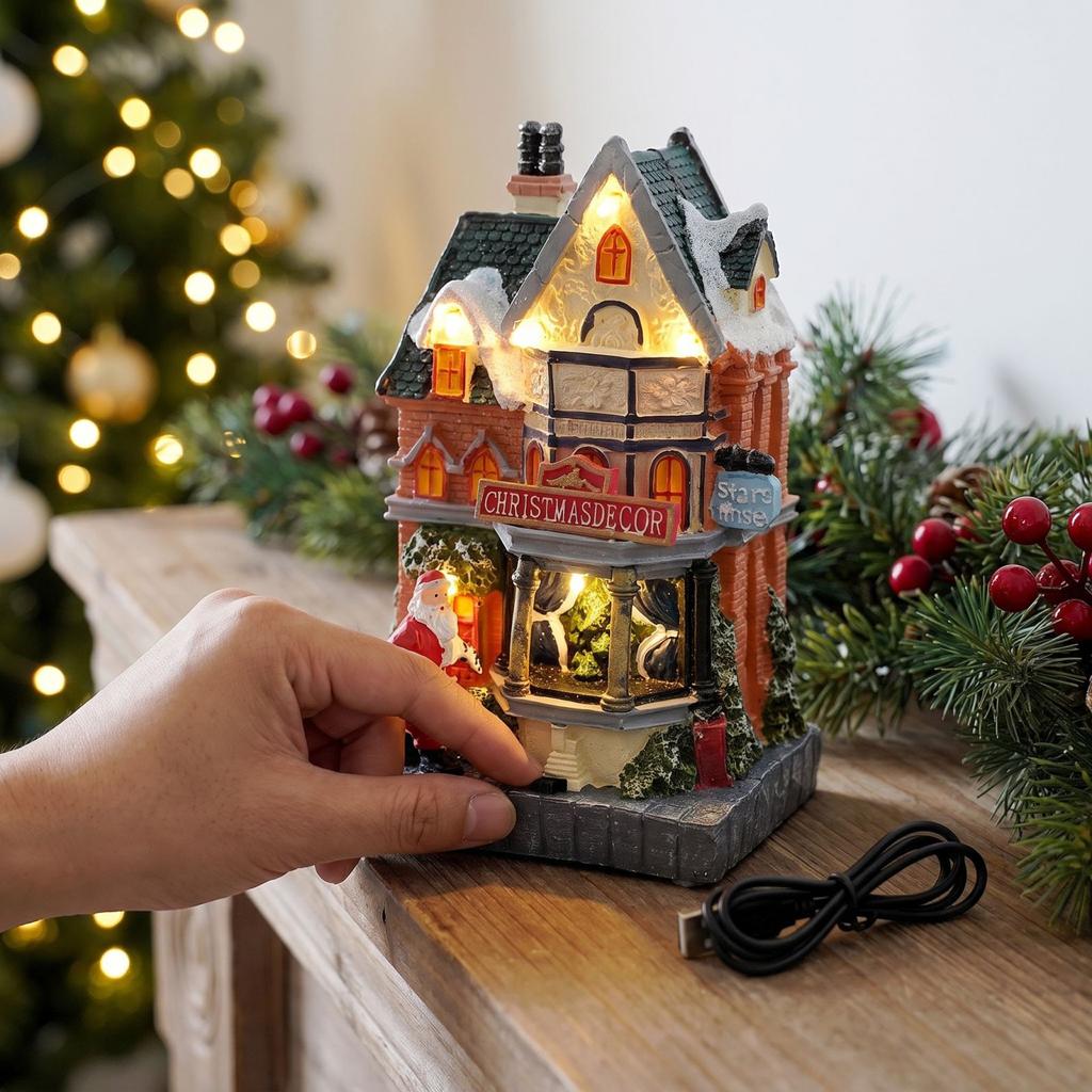Christmas Resin Music Box Ornament with Lights -, Snowman and Decor for Holiday Table