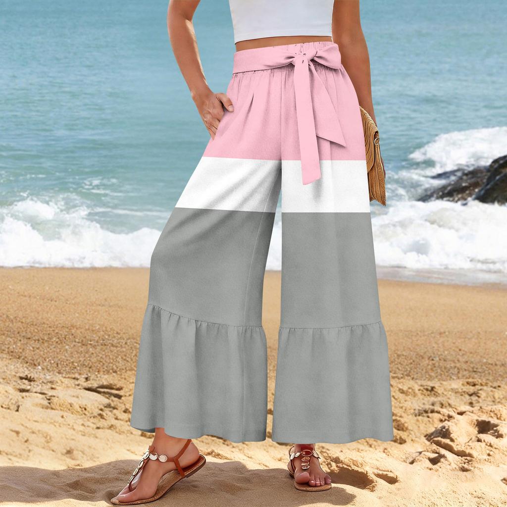 Pantalon décontracté large pour femme, Stretch, Taille haute, Ourlet à volants, Jambes larges, Ceinture, Et poches