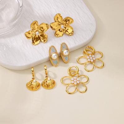 Cercei cu floare mare goală, imitație de perlă și stea de mare, cercei cu șurub personalizați, cercei simpli de înaltă calitate, la modă