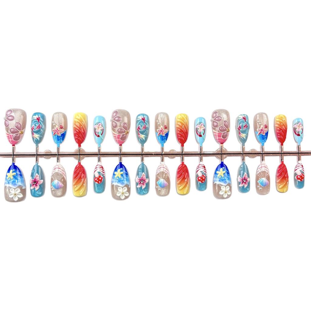 30-Piece Summer Ocean 3D Almond Nails: Starfish, Seashell & Flower Design - Pure Handmade Art