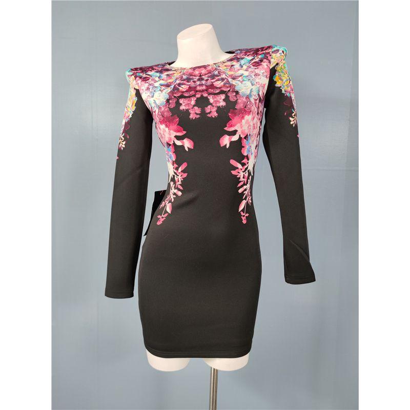 

Foreign Trade Order Be Home High Texture Socialite Temperament Stretch Slim fit Flattering Figure Long sleeve dress Beautiful Tight Sheath Black flower XS