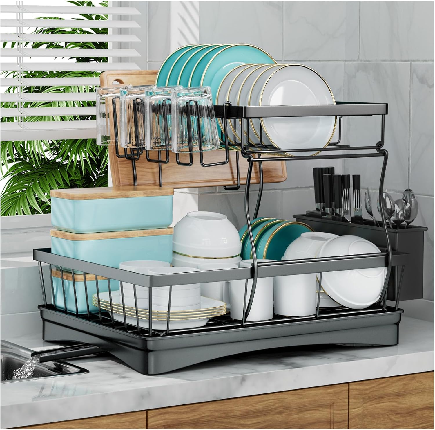 

Large Dish Drying Rack for Kitchen Counter, Detachable Large Capacity Dish Drainer Organizer, 2-Tier Dish Racks with Utensil Holder, Black чорний