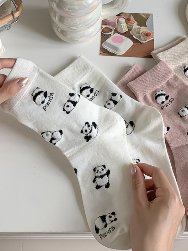 5 Pairs Ladies Cute Cartoon Panda Socks Comfortable Breathable Mid Calf Fun Fashion Stockings for Women