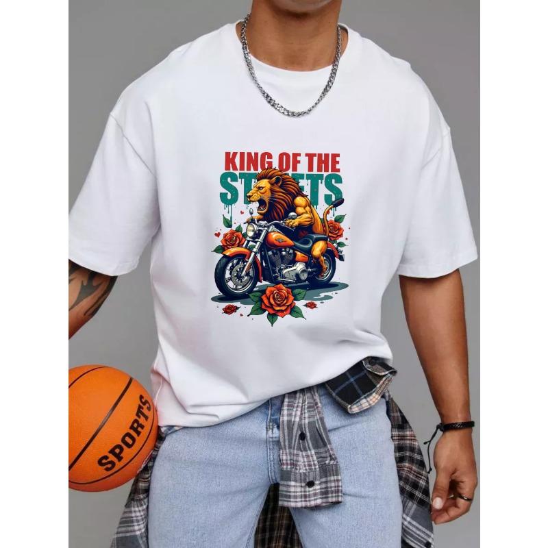 

Men s T-Shirt White King of The Streets Lion Riding Motorcycle with Roses Graphic Print Casual Streetwear for Bikers and Motorbike Enthusiasts S
