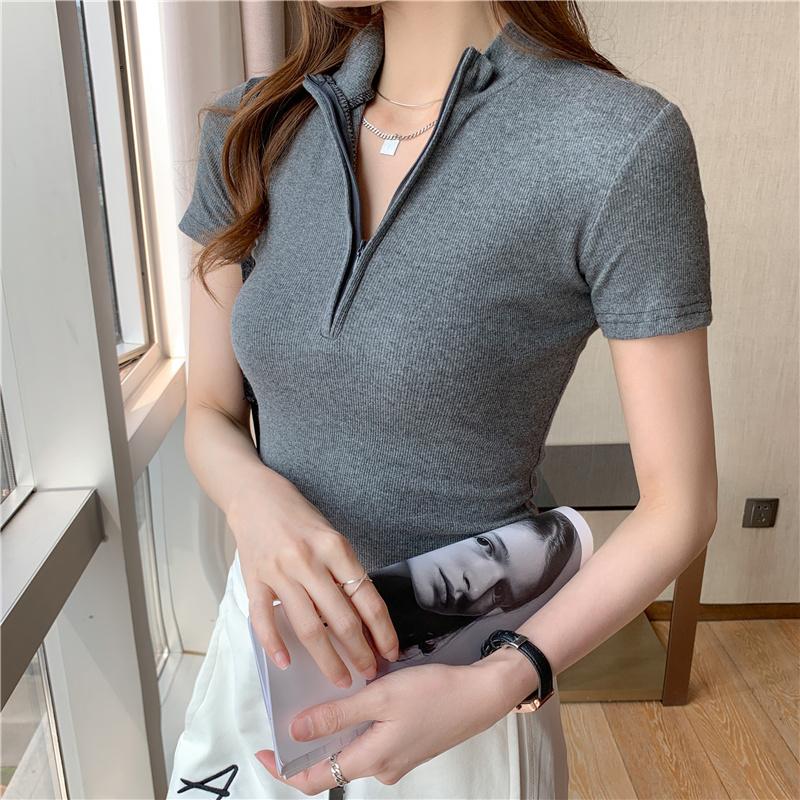 Summer New Slim Fit Cotton Short Sleeve Casual T-shirt Women Fashion Zipper Stand Temperament Simple Woman Tshirts Elegant Office Lady Tees Tops 26570