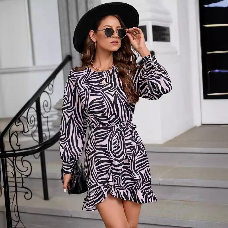 Damen Herbst/Winter Bedrucktes Rundhals Kleid Langärmlig