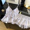 Women's Summer Ice Silk Lace Camisole and Shorts Set with Chest Pads