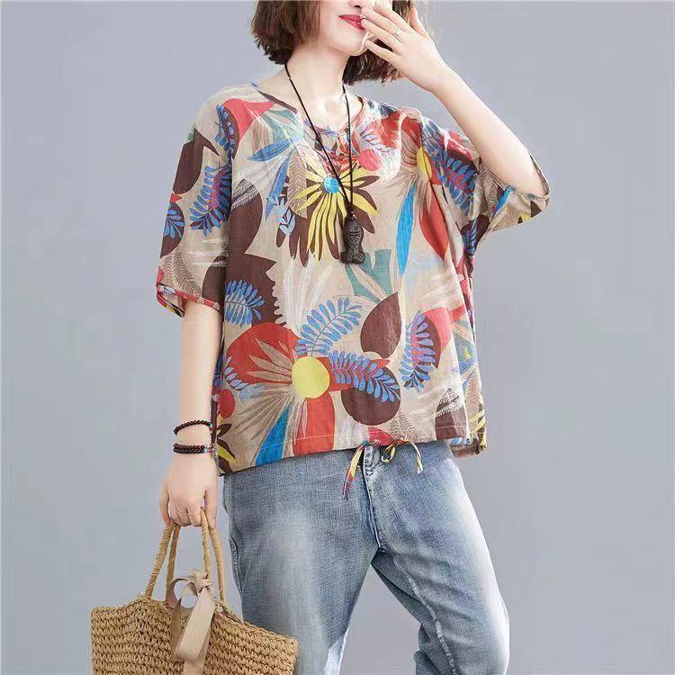 Pure Cotton Summer Loose Plus Size Women's Retro Printed Age-reducing Short-sleeved T-shirt