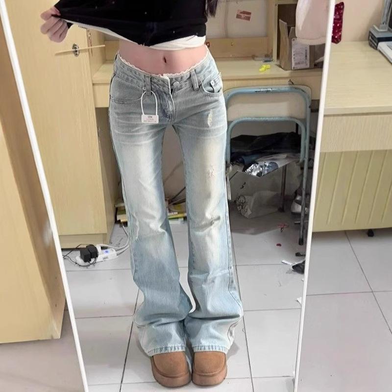 Jeans a Zampa Vita Bassa Donna Blu Chiaro Lavato Design con Inserti di Pizzo Primavera Estate Dimagranti Versatili Pantaloni in Denim