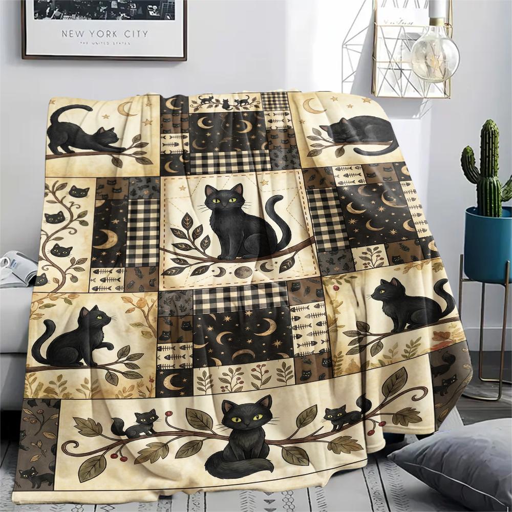 1Pc Patchwork Cat Print Flannel Blanket, High quality Comfortable for All Seasons, Home Decor, Warmth and Comfort, Perfect for Christmas Gifts63