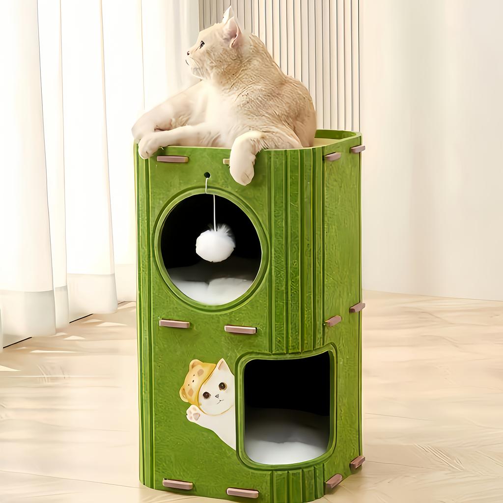 Space-saving Detachable Cat Bed with Scratching Posts and Hanging Toys, Easy-to-clean Indoor Cat Pet Furniture, Interactive Play and Rest Area.