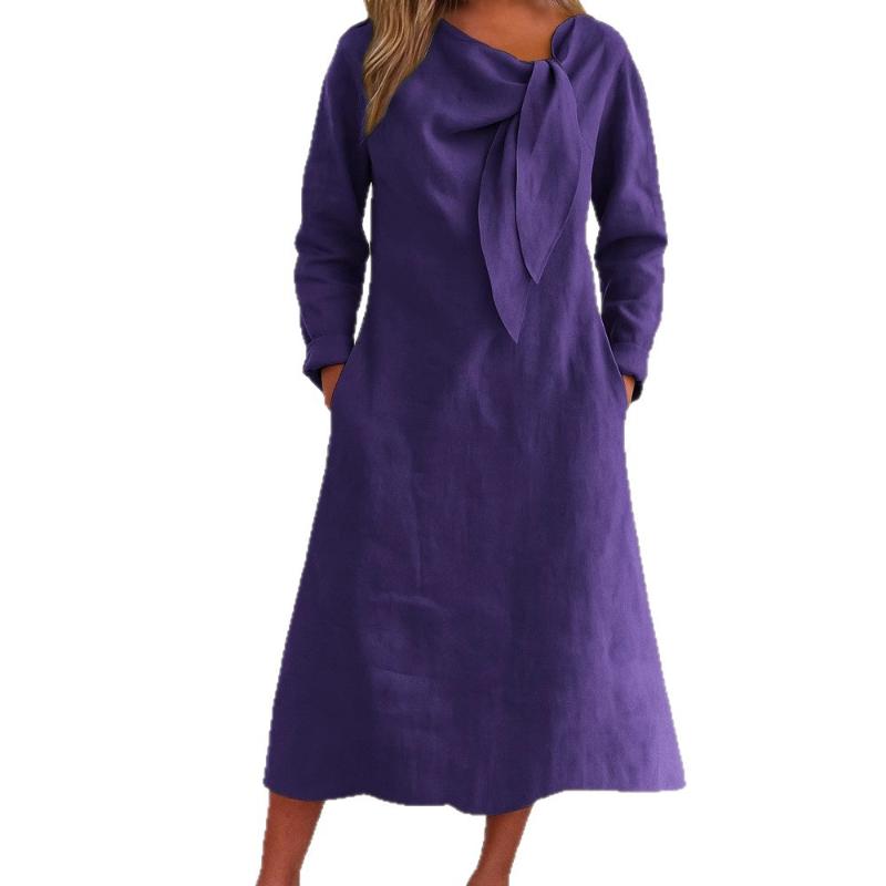 2025 New Women's Casual Round Neck Long Sleeve Pocket Cotton Linen Clean Color Dress Long Skirt