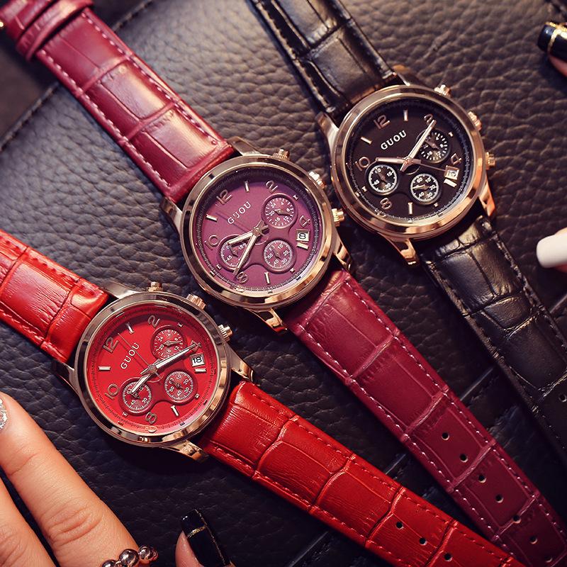 Genuine Leather Watch Casual Retro Fashion Three Eyes with Calendar Large Dial Fashion Women's Watch